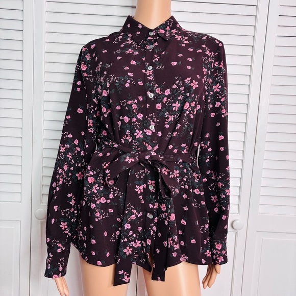 PEARL By Lela Rose Burgundy Floral Belted Button Down Shirt Size Large - Picture 1 of 7